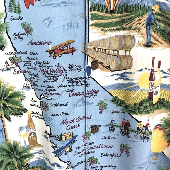 Reyn Spooner California Wine Map Print Rayon Hawaiian Shirt Blue Medium Napa - Picture 4 of 7